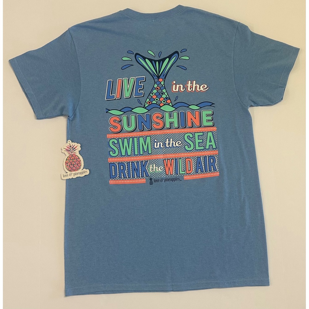 Love & Pineapples Womens M Blue Mermaid Graphic T-Shirt Live in the Sunshine NEW
